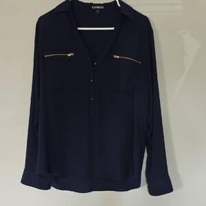 Express Deep Blue Blouse with Gold Zipper Accents